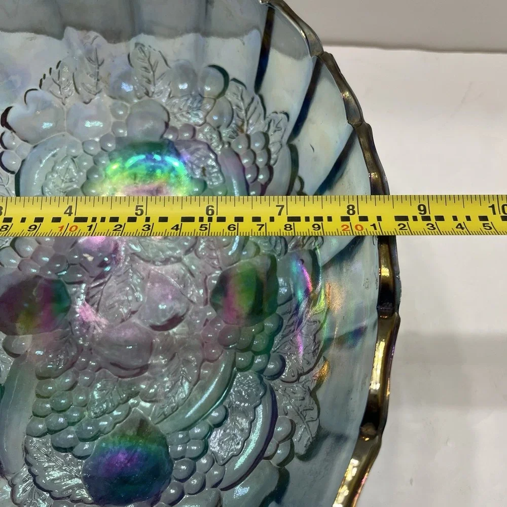 Indiana Glass Iridescent Blue Harvest Carnival Grape Fruit Bowl Footed Vintage